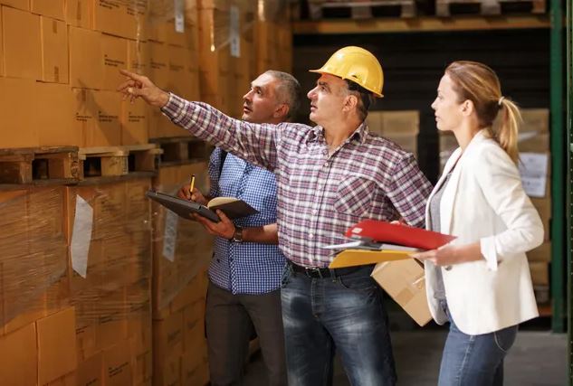 Professional import team examining shipments in warehouse